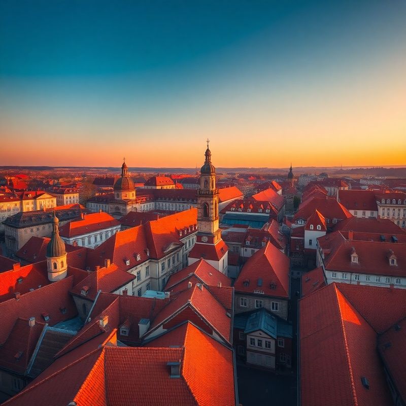 Vedere aeriană a centrului istoric din Sibiu la ora aurie